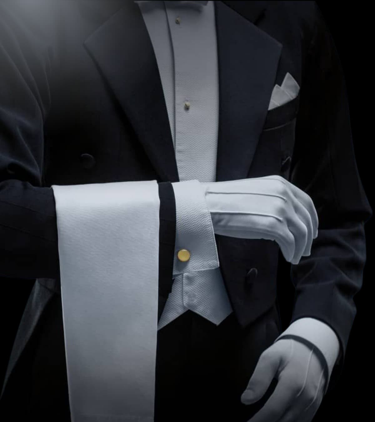 A butler in formal tailcoat with white gloves